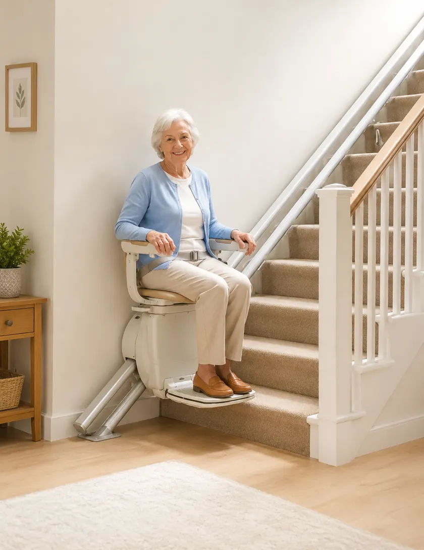 Femme âgée assise sur un monte-escalier arrêté en bas d’un escalier moqueté. Elle est calée au fond du siège, ceinture bouclée à la taille, mains sur les accoudoirs et pieds à plat sur le repose-pieds. L’appareil est rangé contre le mur et laisse l’escalier libre sur toute sa largeur restante.