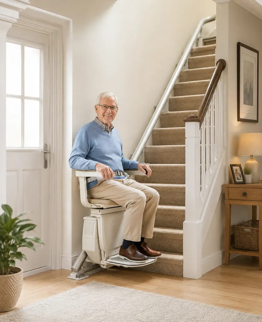 Homme âgé assis sur un monte-escalier arrêté en bas d’un escalier moqueté. Il est bien calé au fond du siège, ceinture bouclée à la taille, avant-bras posés sur les deux accoudoirs et pieds à plat sur le repose-pieds. Le siège est tourné vers l’entrée du logement.