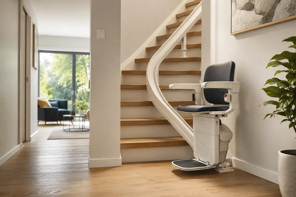 Entrée de maison vue depuis le couloir. Un monte-escalier au siège gris foncé est garé au pied d’un escalier tournant en bois clair, plaqué contre le mur de droite. Le repose-pieds est déplié au-dessus du sol. Le couloir reste entièrement dégagé et l’on aperçoit le séjour au fond.