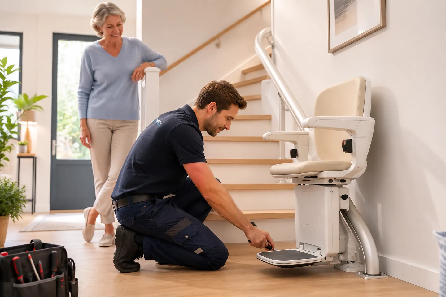 Technicien agenouillé au pied d’un escalier clair, en train de régler au tournevis le repose-pieds d’un monte-escalier crème. Sa caisse à outils est posée au sol. La propriétaire du logement, une femme aux cheveux gris, observe depuis l’entrée, appuyée à la rampe.
