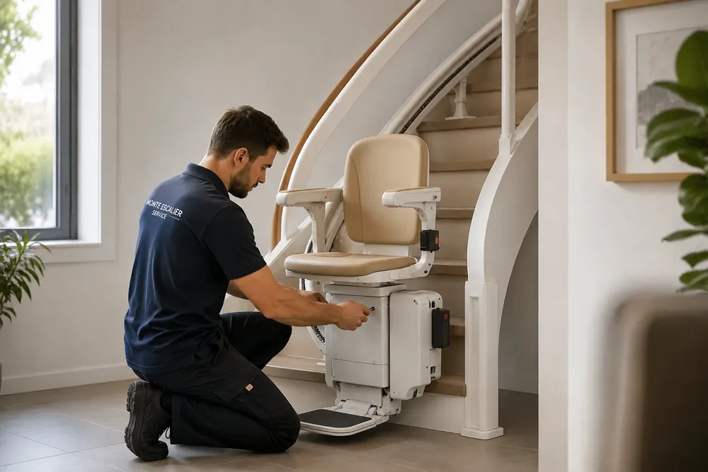Technicien agenouillé qui règle le chariot d’un monte-escalier beige installé au bas d’un escalier tournant. Le rail suit la courbe de l’escalier et sa crémaillère dentée est visible sur toute la longueur. Le siège est déplié, repose-pieds abaissé.